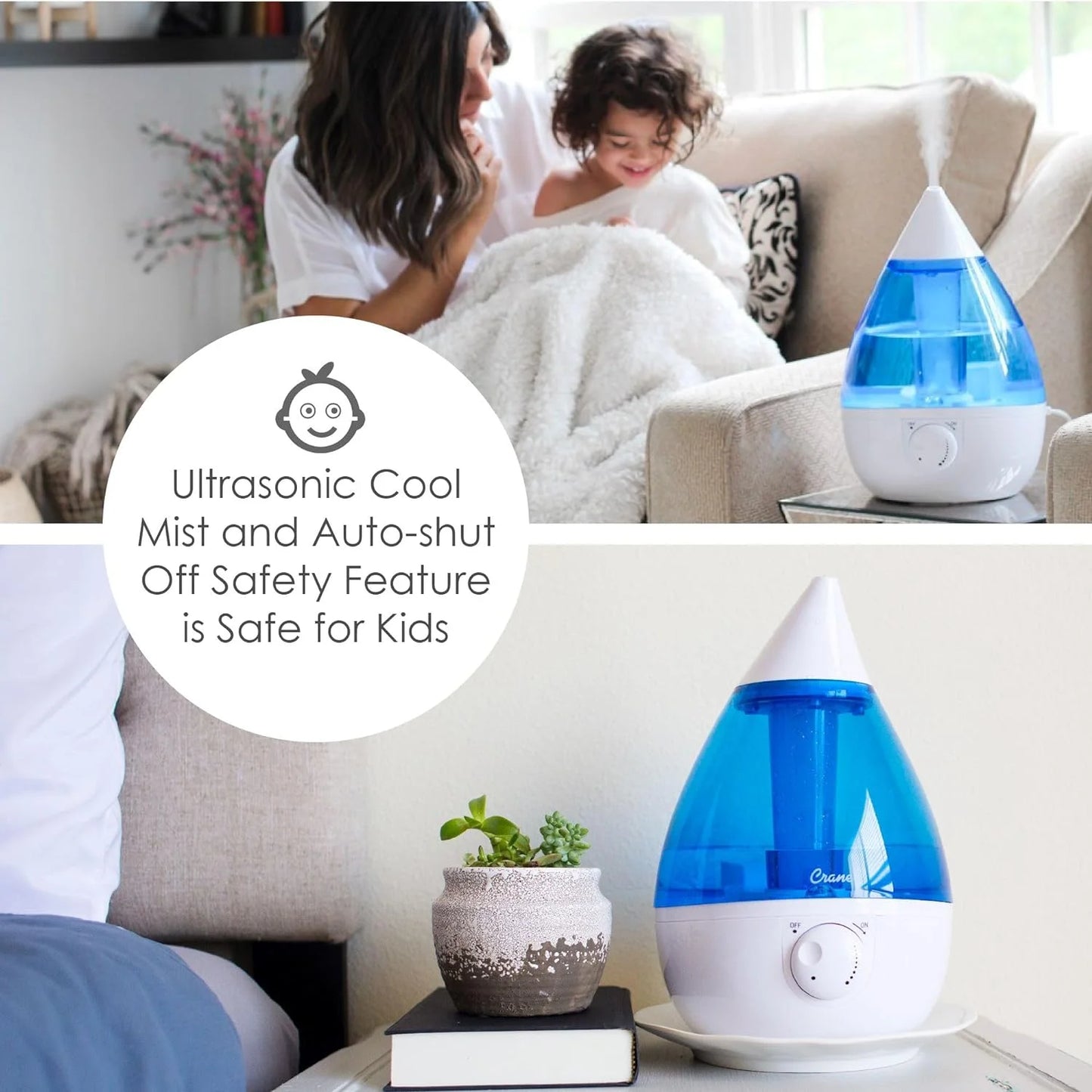 Crane USA Cool Mist Humidifier for Bedroom, Baby Nursery, Kids Room or Office, 1 Gallon Tank, Blue