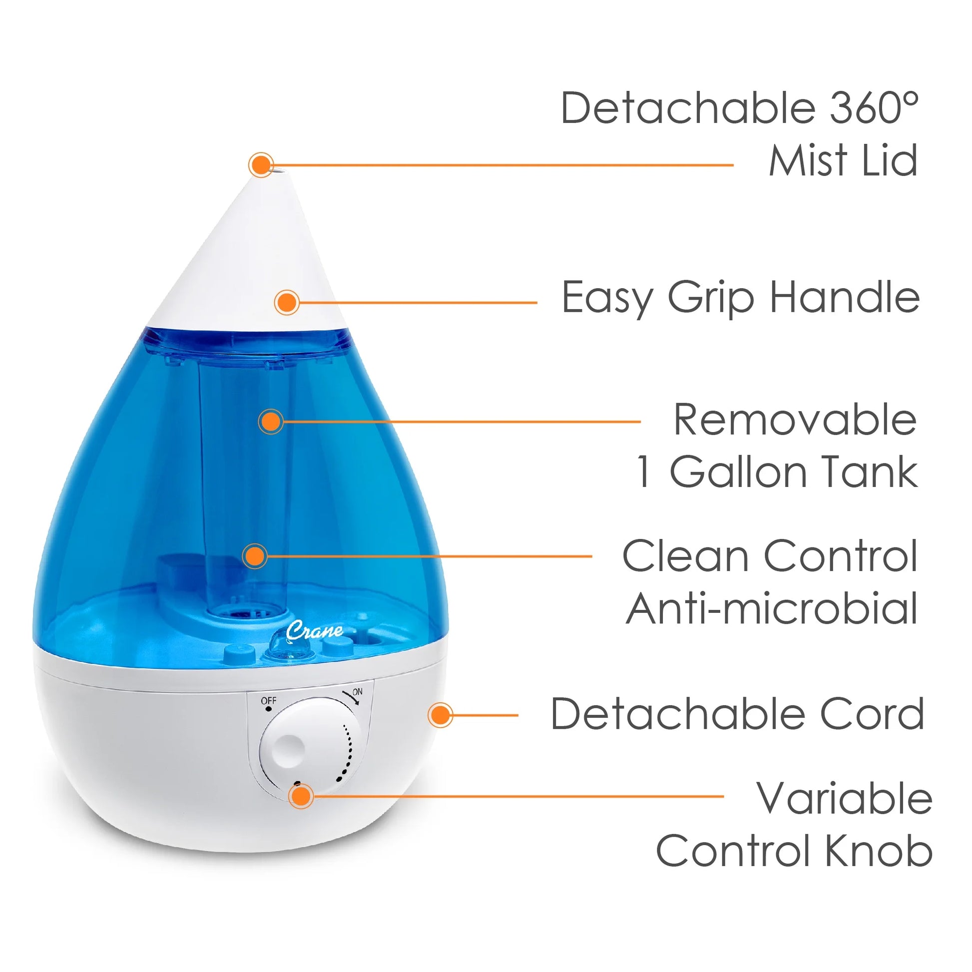 Crane USA Cool Mist Humidifier for Bedroom, Baby Nursery, Kids Room or Office, 1 Gallon Tank, Blue