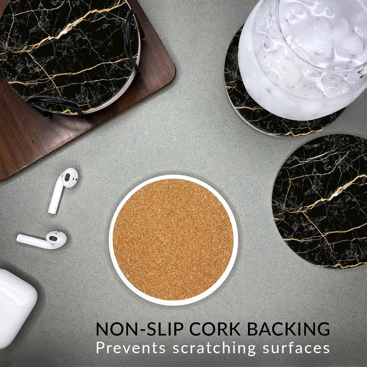 Emerson Coasters for Drinks Absorbent – Natural Stone Drink Saucers Set with Holder, Coasters for Coffee Table, Wooden Tabletop Protection Marble Style – 100% Heavy Duty Set of 6 (Streak)