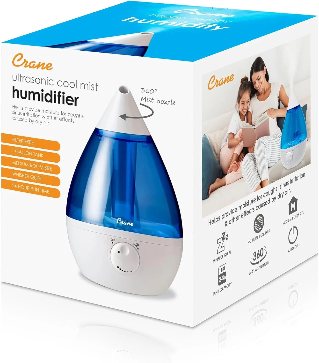 Crane USA Cool Mist Humidifier for Bedroom, Baby Nursery, Kids Room or Office, 1 Gallon Tank, Blue