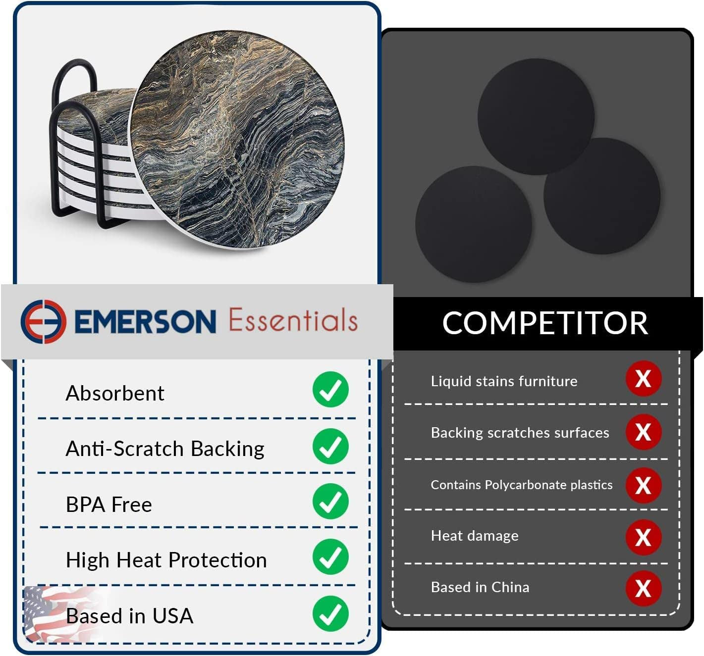 Emerson Coasters for Drinks Absorbent – Natural Stone Drink Saucers Set with Holder, Coasters for Coffee Table, Wooden Tabletop Protection Marble Style – 100% Heavy Duty Set of 6 (Streak)